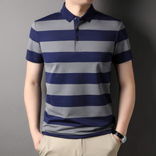2025夏季男透气T恤中年新款POLO衫短袖修身新款翻领条纹时尚代发