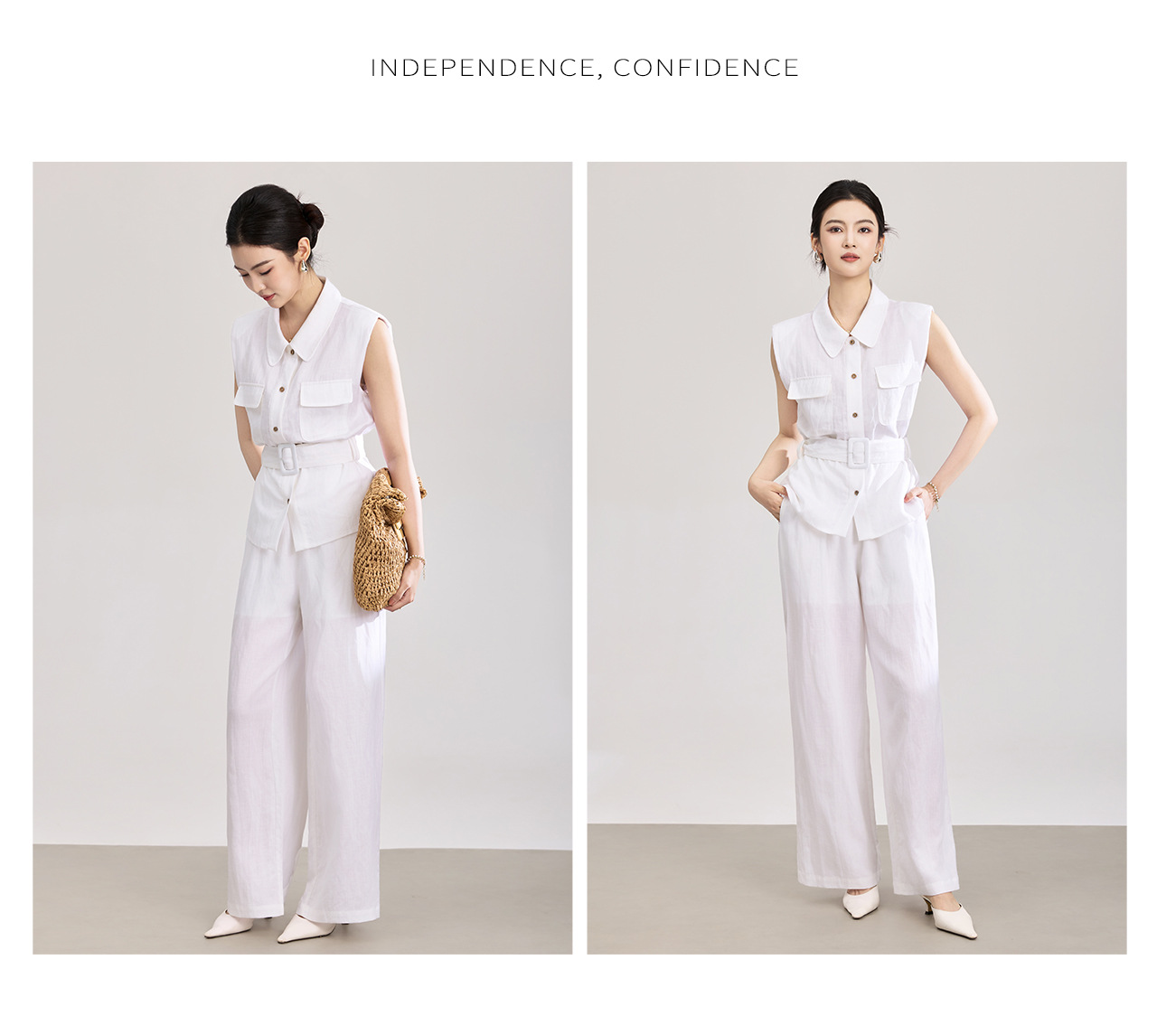 Bộ áo sơ mi không tay kết hợp quần ống rộng cạp cao nữ kiểu dáng Hạ Nam — Màu cà phê chi tiết 13