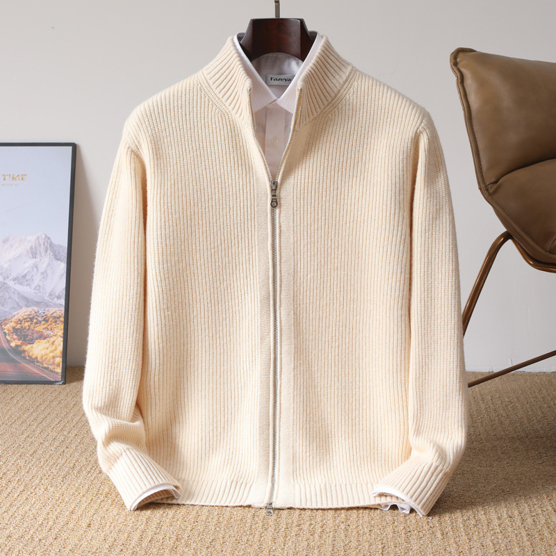 秋冬保暖毛衣100%纯羊毛开衫男款加厚半高拉链领针织衫外套上衣