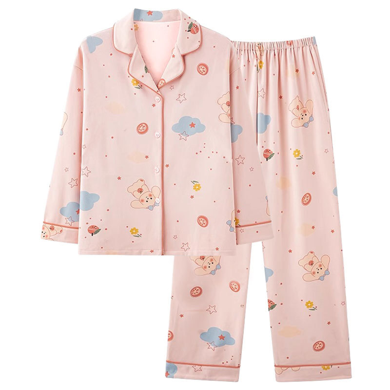 YUEZI 의류 봄과 가을 순면 파자마 여성용 카디건 긴팔 바지 세트 느슨한 플러스 사이즈 가을 및 겨울 홈 의류