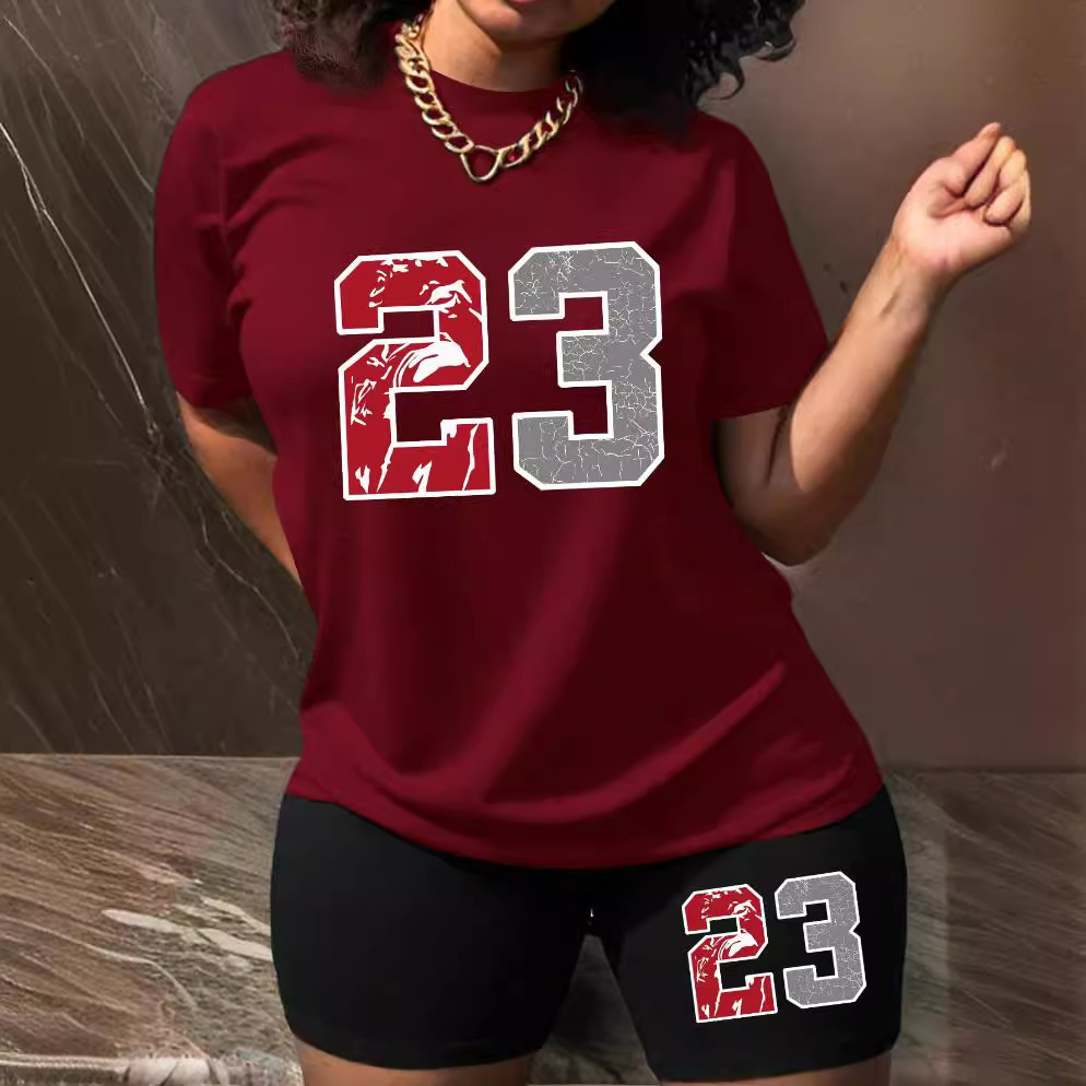 Women's Plus Size Summer Fashion Set Short Sleeve Breathable Two Piece Number Print England Style_voghion.com