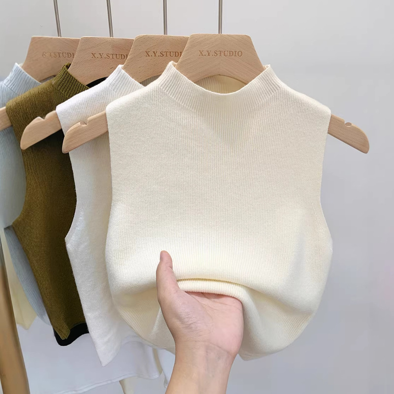Inner Knit Sweater Base Layer for Women, Summer Solid Color Half-High Collar Wide Strap Short Vest Sleeveless T-Shirt Top Inner Knit Sweater Base Layer for Women, Summer Solid Color Half-High Collar Wide Strap Short Vest Sleeveless T-Shirt Top