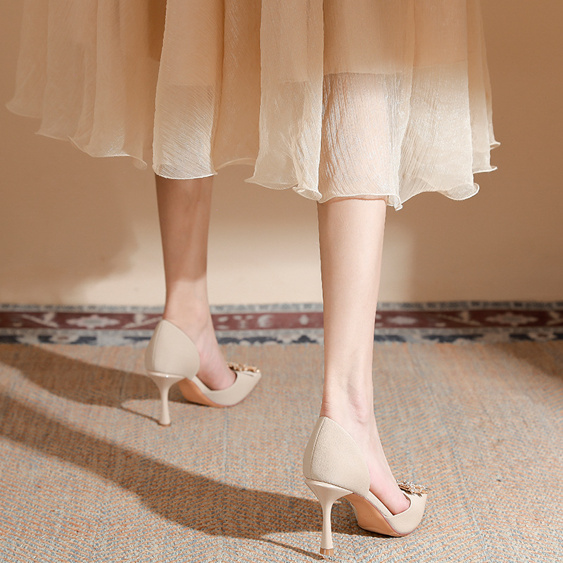 Two Wear Wedding Shoes Spring New Pointed Single Shoes Women's Thin Heel Crystal Square Buckle Hollow High Heel Bridesmaid Shoes_voghion.com