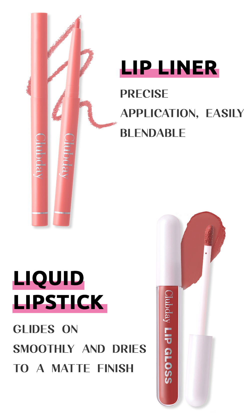 Clubday Lip Makeup 1+1 Set: Velvet Matte, Water-repellent Lip Gloss and Outlining Lip Pen Application Scenario