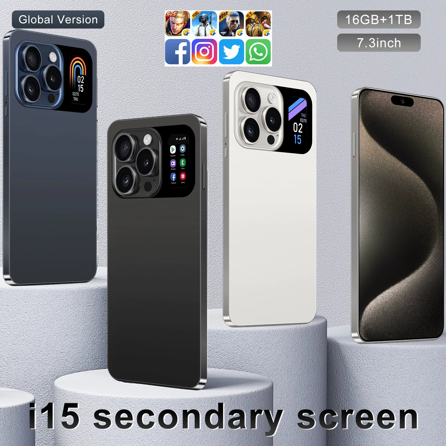 Смартфон i15, Android, 16 ГБ, 7.3-дюймовый широкий дисплей, вторичный задний экран