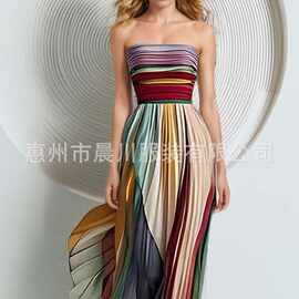 外贸2025春季新款亚马逊欧美女装气质性感抹胸印花彩色礼服连衣裙