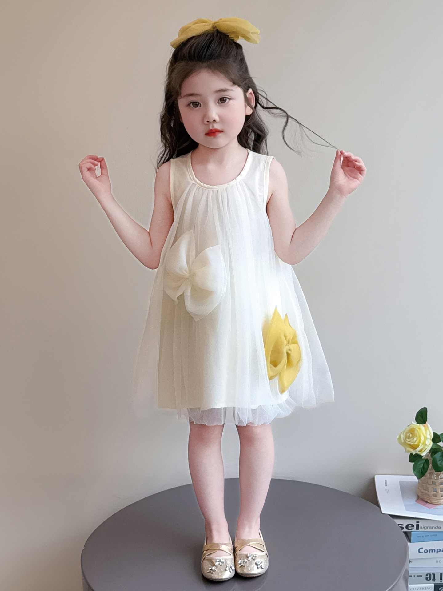 Cute summer sleevless dress sleevless with bow girl's