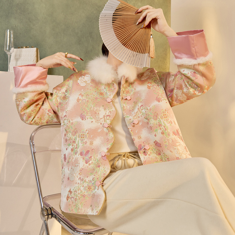 National Style Winter New Fox Fur Collar Classy New Chinoiserie Jacket Jacquard White Duck down Jacket for Women Ny032