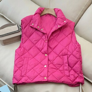 European Station Fashion Diamond Plaid New Women's Small Stand Collar Short Small Gold Buckle Quilted Diamond Down Vest Trendy