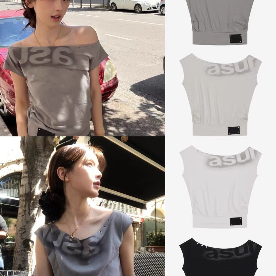 In-Stock Yang Chaoyue Korean-Style Blogger-Inspired One-Shoulder Letter-Printed Asymmetrical Short-Sleeve T-Shirt for Women