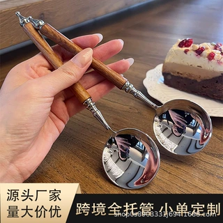跨境网红仿花梨木圆勺不锈钢勺子汤匙调羹甜品勺子高颜值长柄圆勺