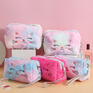 Cosmetic Bag Starting from One Batch Plush Cartoon Colorful Cat Embroidery Portable