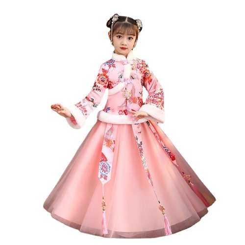 Kids pink Hanfu girls winter children chinese folk fairy princess dress New Year tang suits winter of princess dress model