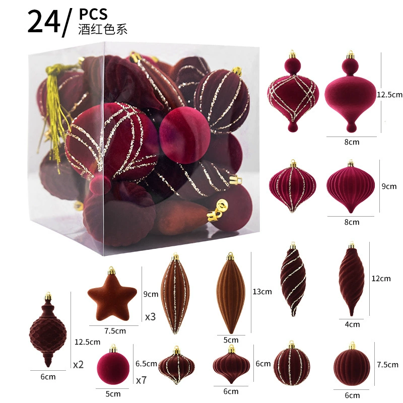 Christmas tree ornaments (NUCHI), flocked velvet & painted baubles, 24‑piece assorted set