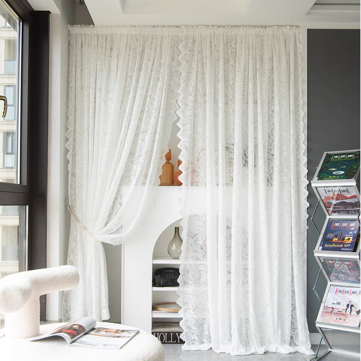 Beaded Lace Window Screen Curtain White Gauze Classy Light-Transmitting Opaque Blackout Bedroom Living Room Bay Window Balcony Partition Gauze