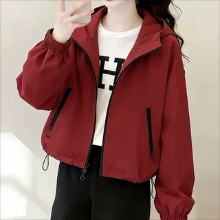 短外套女春秋薄款洋气减龄小个子纯色宽松百搭连帽休闲夹克衫外套