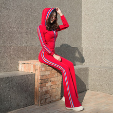 休闲运动套装女春秋季2024新款韩版修身高腰红色喇叭裤子两件套装