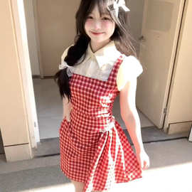 学院红色格子假两件连衣裙夏季新款小个子2025显瘦甜美短裙衬衫女