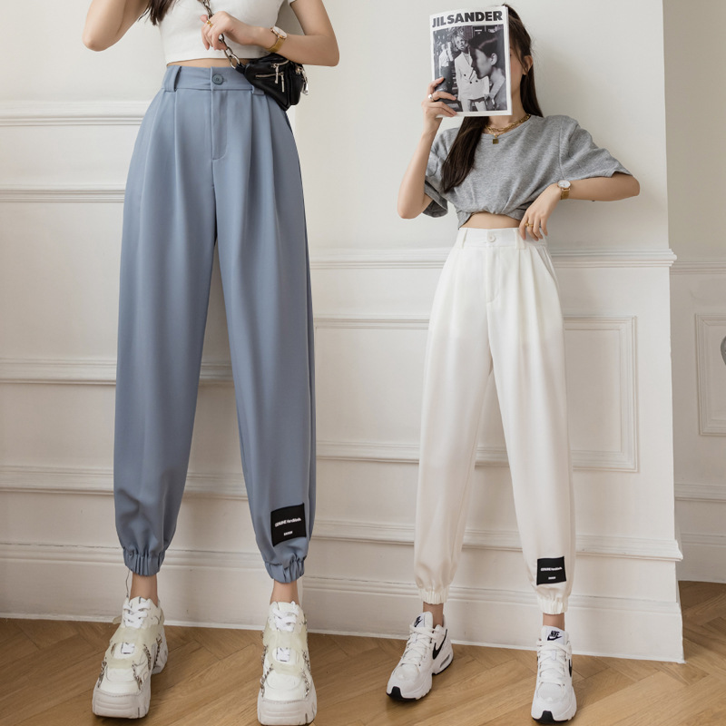 西装裤女2021春夏新款高腰宽松显瘦松紧腰休闲哈伦裤束脚九分垂感