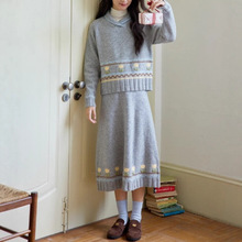 女装十三行 什一 重工青果领撞色提花绞花毛衣针织套装女秋冬两件