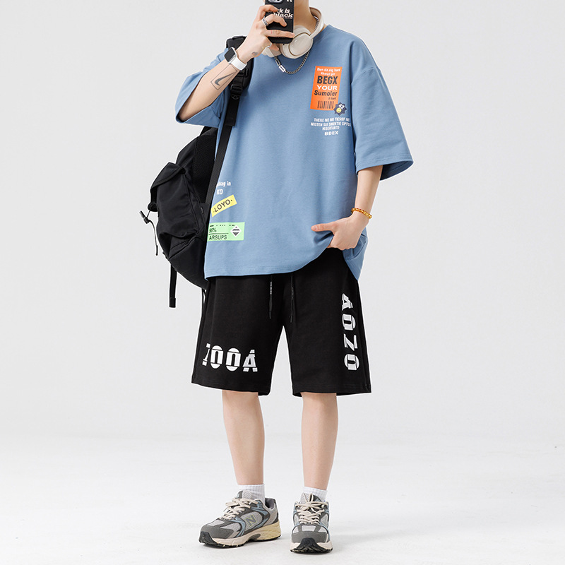 Conjunto de ropa para hombre, conjunto deportivo de verano para jóvenes, informal, de manga corta, pantalones cortos deportivos, conjunto versátil de dos piezas para chicos