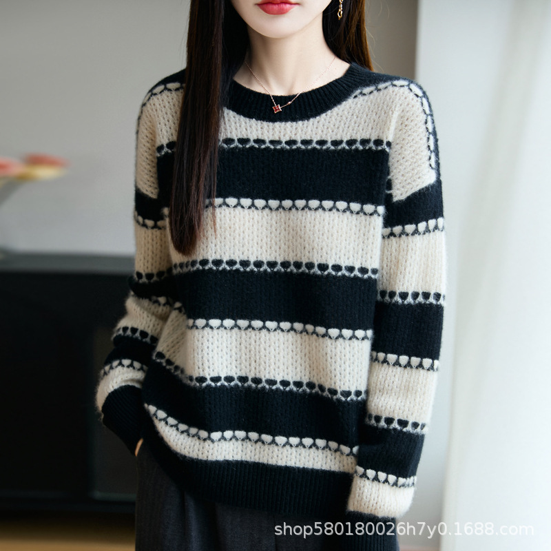 Autumn and Winter New Striped Contrast Color Woolen Sweater Women's Loose Round Neck Thick Knitted Sweater