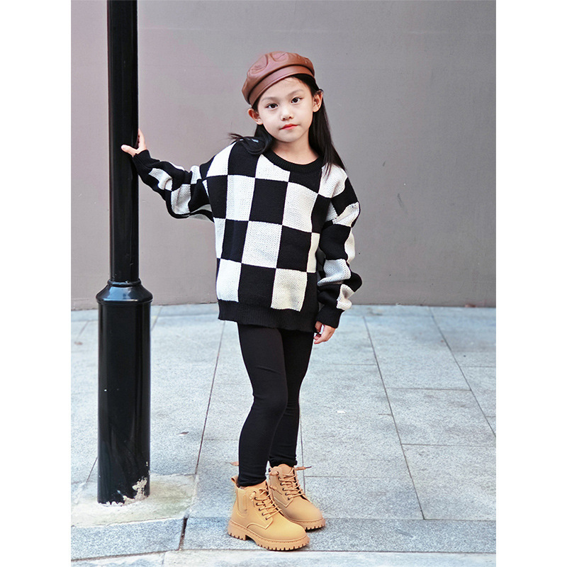 Girls' Casual All-match Knitted Sweater 2025 Spring New Arrival Korean-style Long-sleeved Internet Trendy Chessboard Plaid Sweater Top
