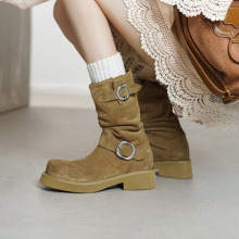 2025秋冬新款圆头粗跟套筒皮带扣堆堆靴不过膝慵懒风时尚百搭长靴