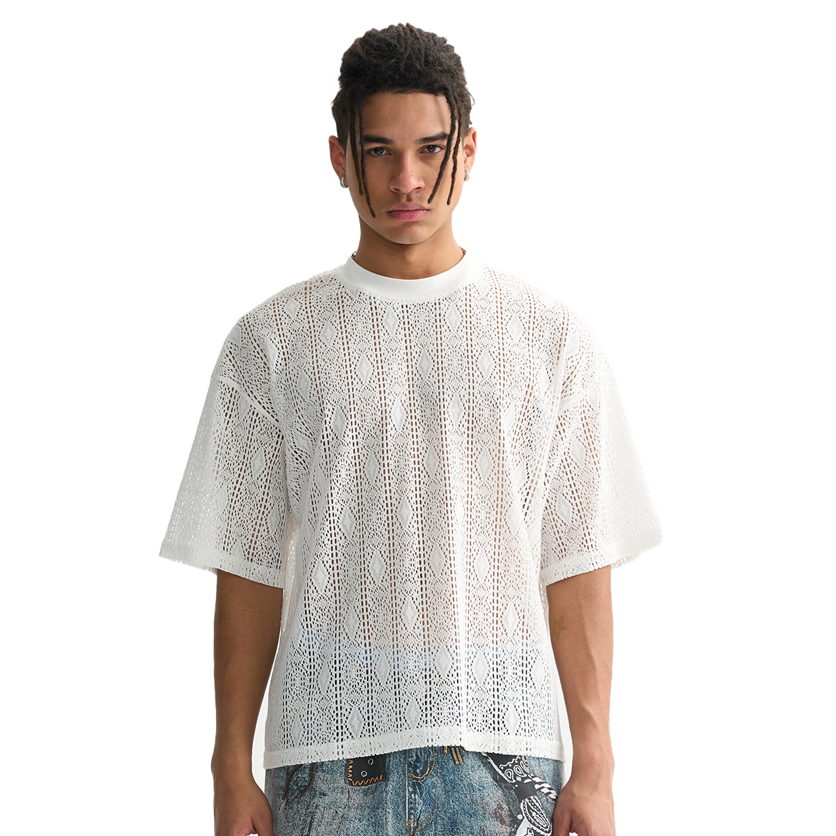ETAI Hombre| Tendencia de nuevo hombre de encaje mallas de manga corta casual perspectiva hombre camiseta de cuello redondo