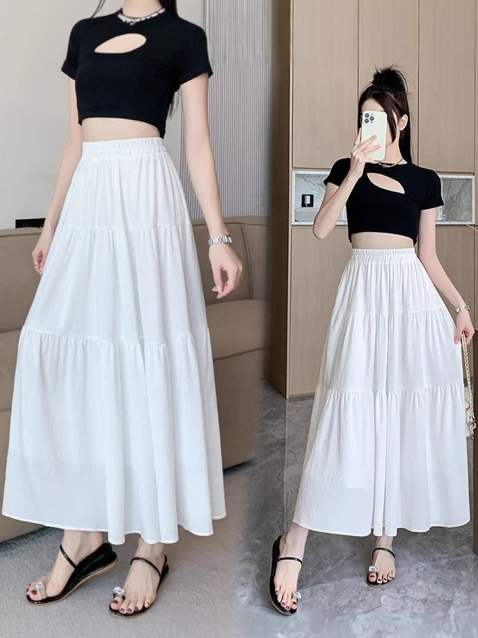 Cross-Border Ins Fashion Versatile Pleated Lining High-Waisted Mid-Length Slimming Cake Long Skirt for Women