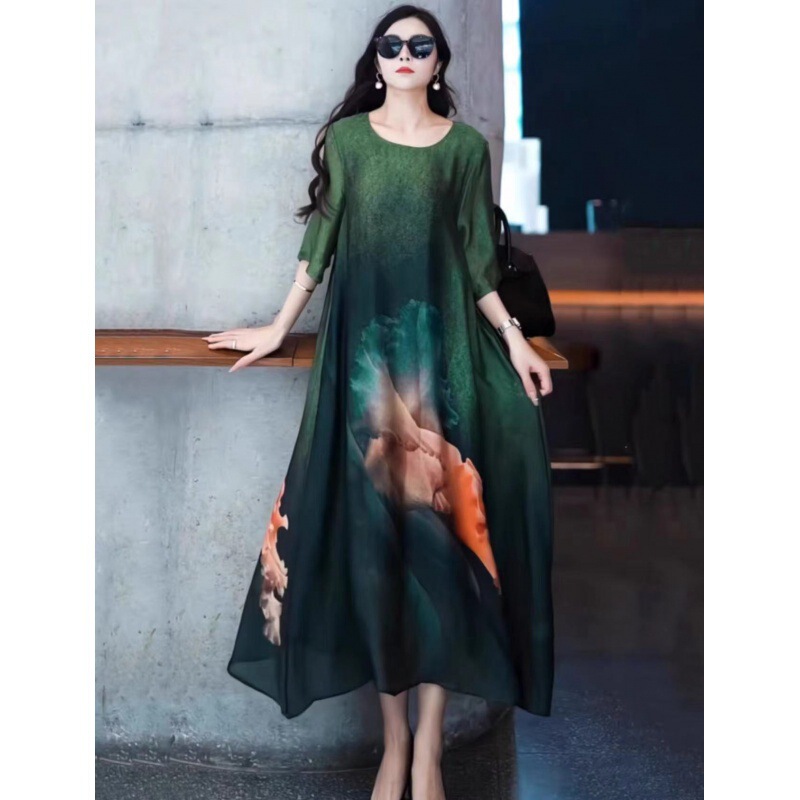 plus size Loose Slimming Vintage Printed Midi dress Women's 2024 Summer New Ethnic Style Elegant Dress