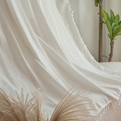 Le Xu Show Cross-border Manufacturer Curtain Finished Goods Wholesale Lattice Embroidered Cotton Linen Tassel White Decor Bedroom Bay Window Curtain