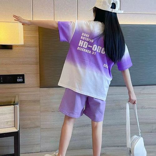 Girls summer tie-dye T-shirt five-quarter pants sports suit  new fashionable gradient two-piece set for big children and girls