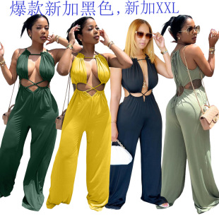 B9333 European and American Sexy Asymmetrical Straps Wrapped Chest Loose Wide-Leg Jumpsuit Black Out