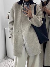 反季韩版双面羊毛大衣女中长款立领宽松设计感小个子羊毛呢外套