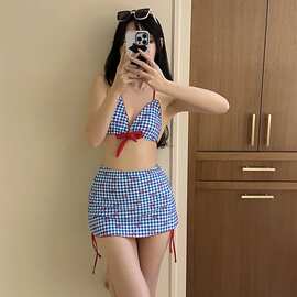 日系韩版蓝色格子蝴蝶结小胸吊带比基尼分体裙式三件套性感辣妹装