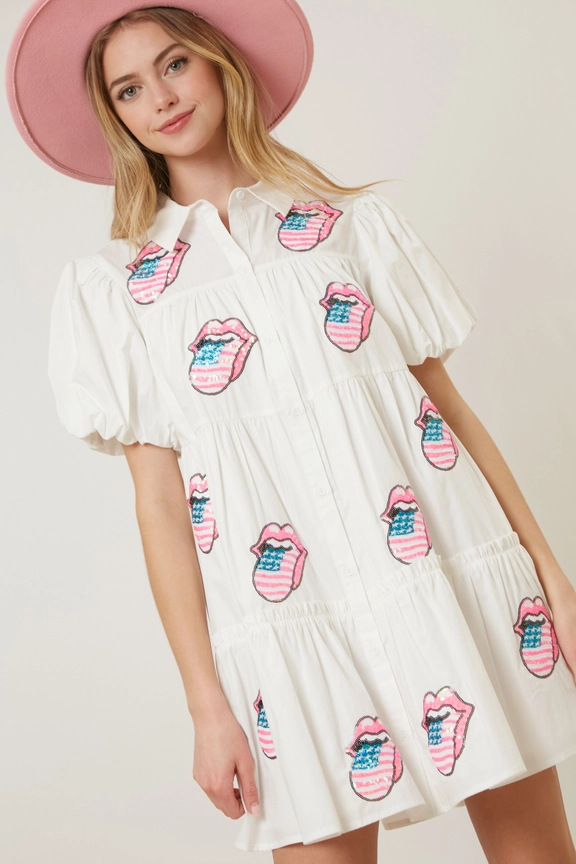 Frau Normales Kleid Ferien Hemdkragen Pailletten Kurzarm Mund Amerikanische Flagge Über Dem Knie Täglich display picture 22