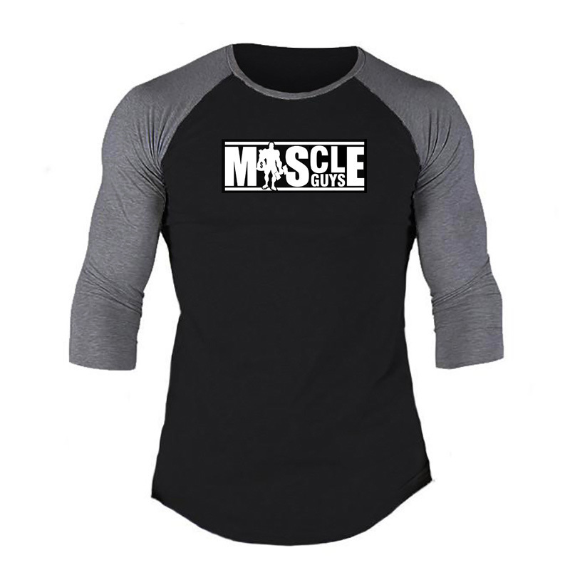 Spring and Autumn New Style Men's Three-Quarter Sleeve Fitness Sports T-Shirt Slim Fit Color-Blocked Raglan Sleeve Training Top for Men