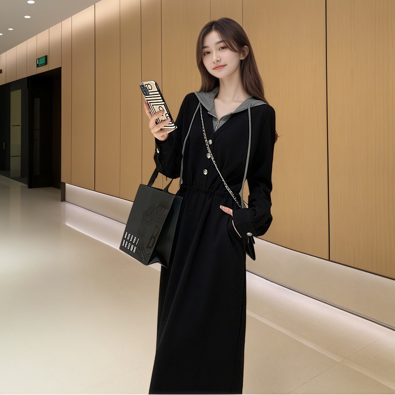 2025秋冬季新款女士休闲显瘦假两件连帽卫衣裙时尚气质收腰连衣裙|undefined