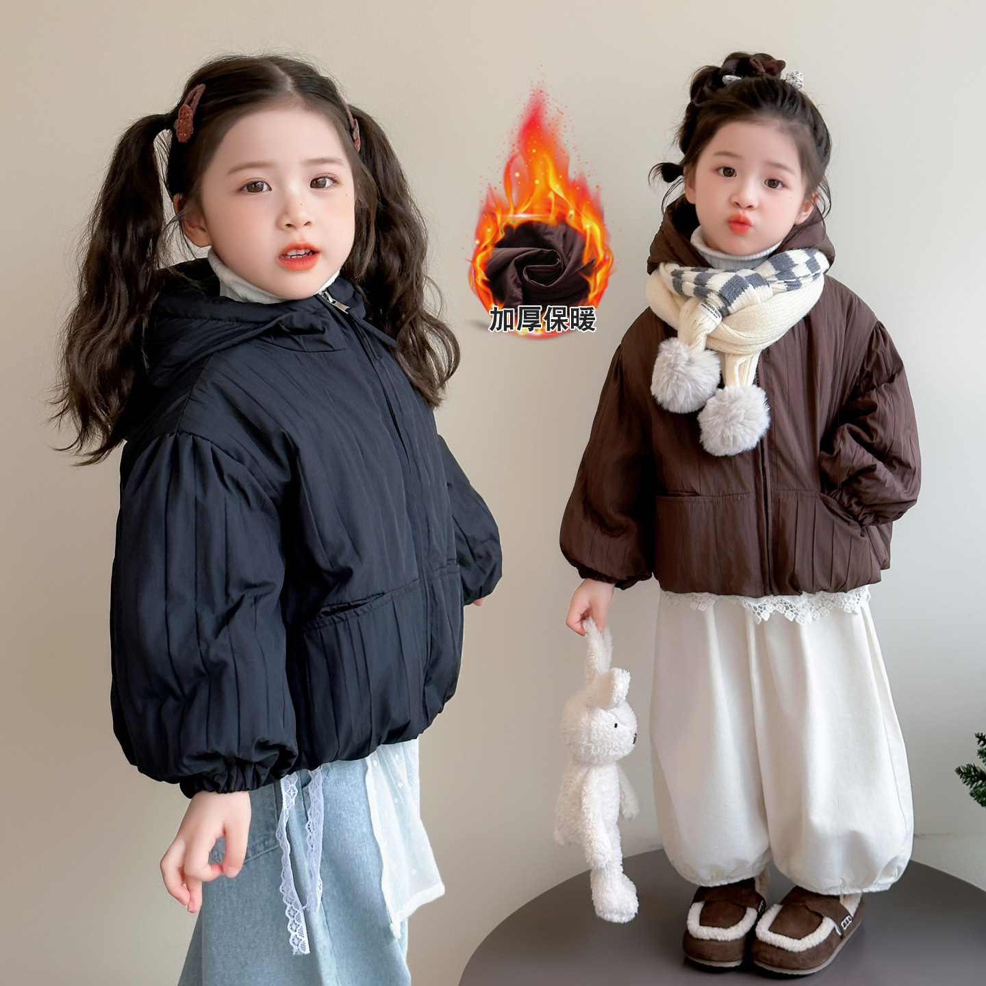 女童连帽加厚外套秋冬款2025新款儿童韩版时尚小女孩夹克上衣冬装