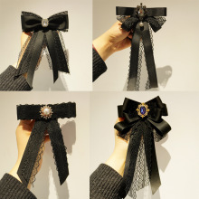 厂家批发领结黑色蕾丝蝴蝶结飘带领口带钻胸针别针服装领针女