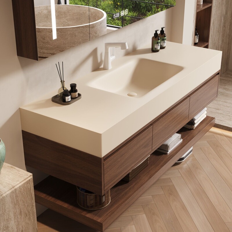 Modern minimalist style bathroom cabinet set with rock slab hot-bent integrated basin, bathroom washbasin, face wash basin, and vanity Modern minimalist style bathroom cabinet set with rock slab hot-bent integrated basin, bathroom washbasin, face wash basin, and vanity