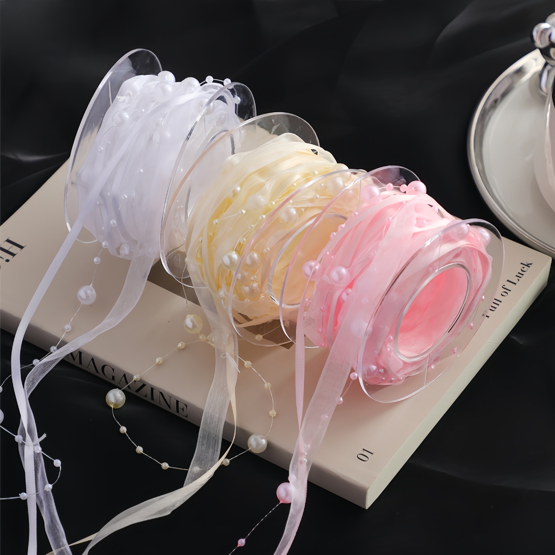 3+8编织珠带链条仿珍珠配饰 鲜花花束包装丝带花艺DIY蝴蝶结缎带