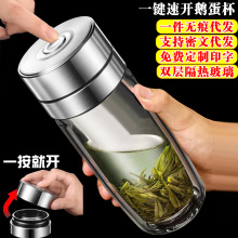 双层加厚玻璃杯耐热水杯茶水分离车载全钢一键按压速开鹅蛋杯代发