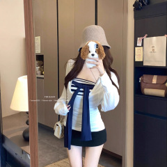 设计感时尚套装法式条纹抹胸背心女春秋季叠穿长袖罩衫T恤两件套
