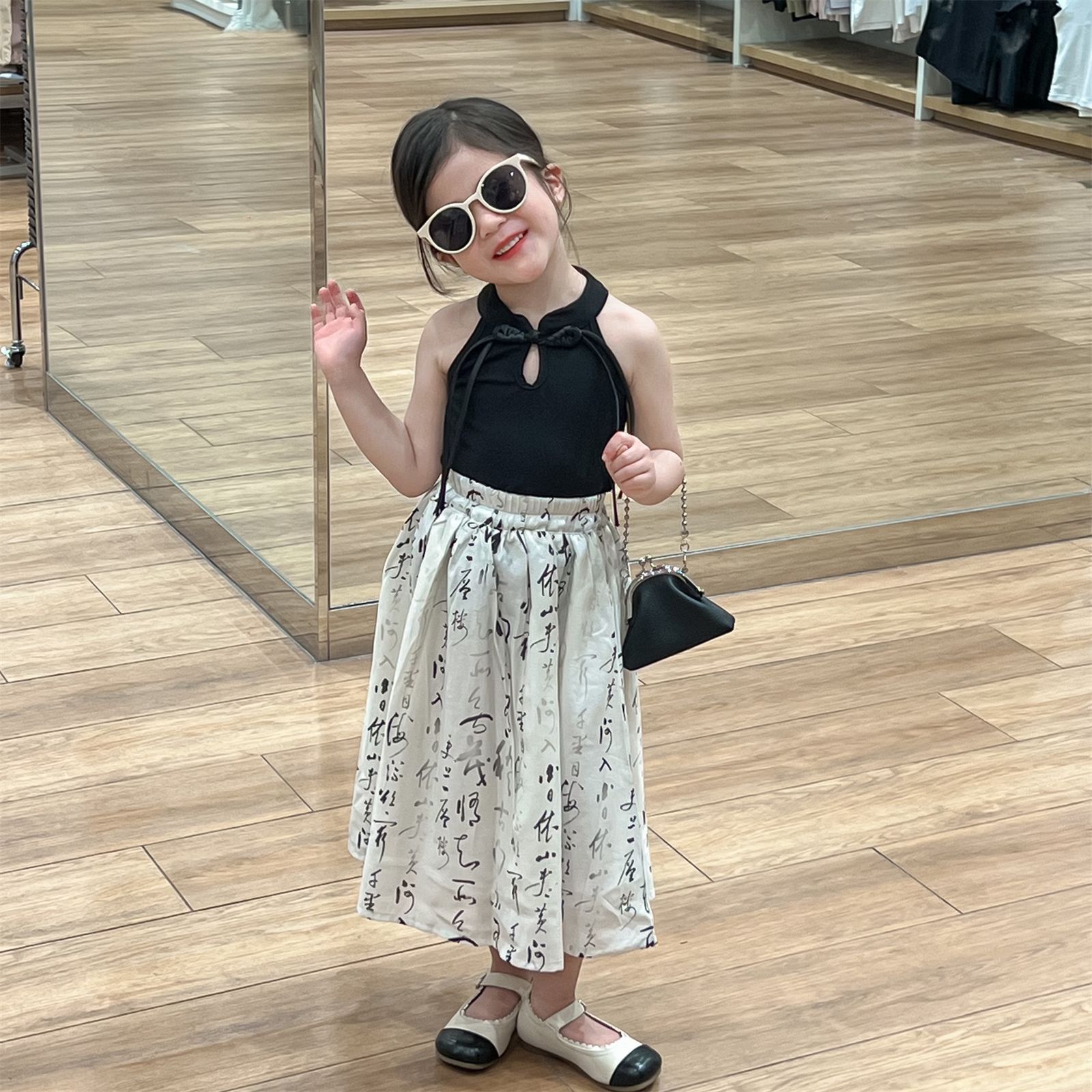 2024夏季 中國風 童裝新品 女童新中式盤扣背心 文字半身裙馬面裙