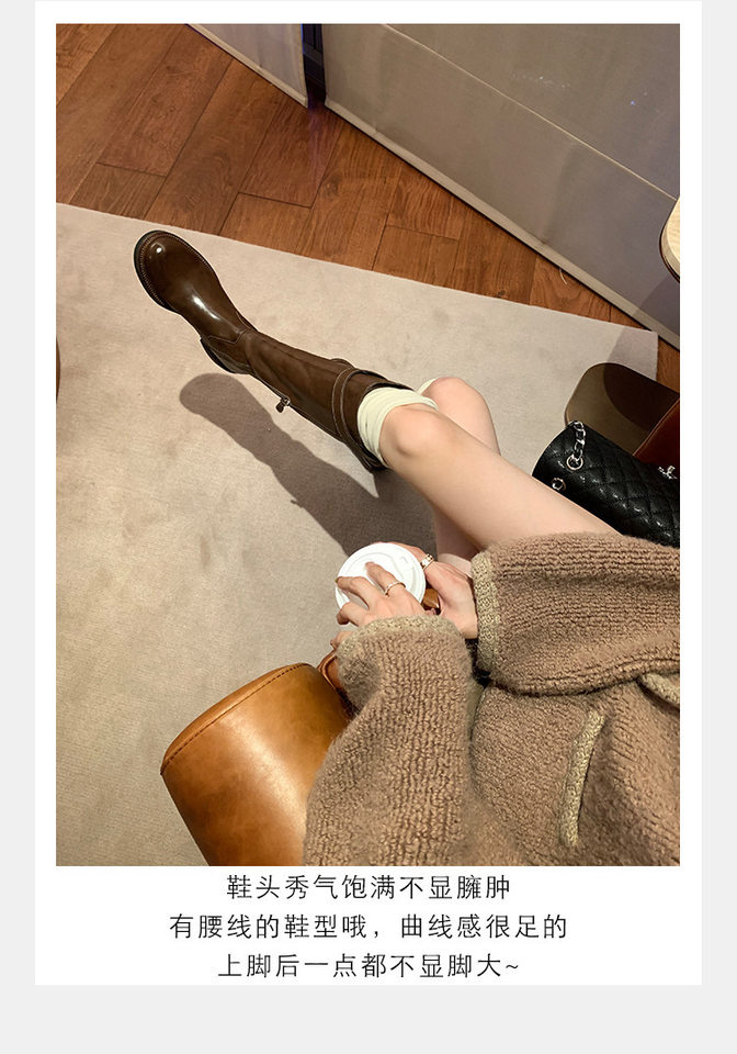 Bốt cao cổ nữ da cừu đế dày khóa vàng xếp ly, gót vừa 3–5 cm — Da màu nâu mở rộng, Da đen mở rộng, Hàng sẵn có màu đen (nhung), Lớp lót nhung màu nâu mở rộng chi tiết 17