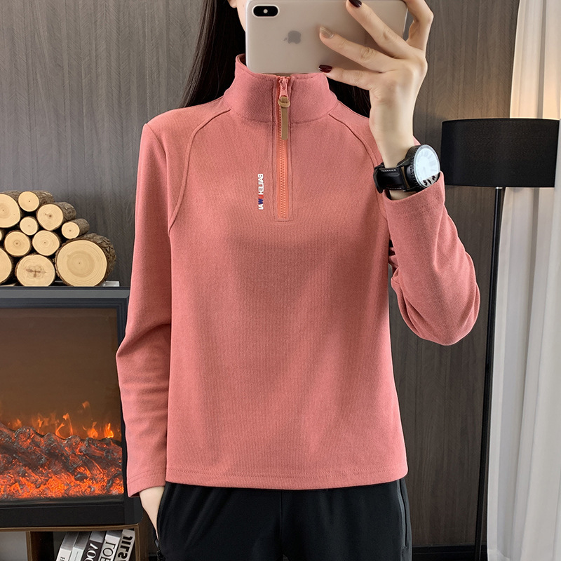 24Rt1022 New Autumn and Winter Versatile Fleece-Lined Women's Long-Sleeved Half-Zip Stand-Up Collar Running Mountaineering Fitness Casual Loose