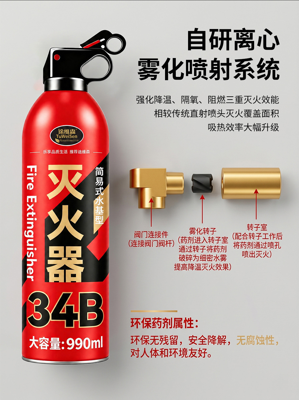 Tuweisen vehicle-mounted water-based fire extinguisher, household high-temperature resistant, electrically shock-safe, portable foam fire extinguisher for fire trucks