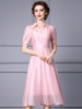 Pink dress， summer high waisted， belly covered shirt collar， A-line large hem skirt， 2024 new model
